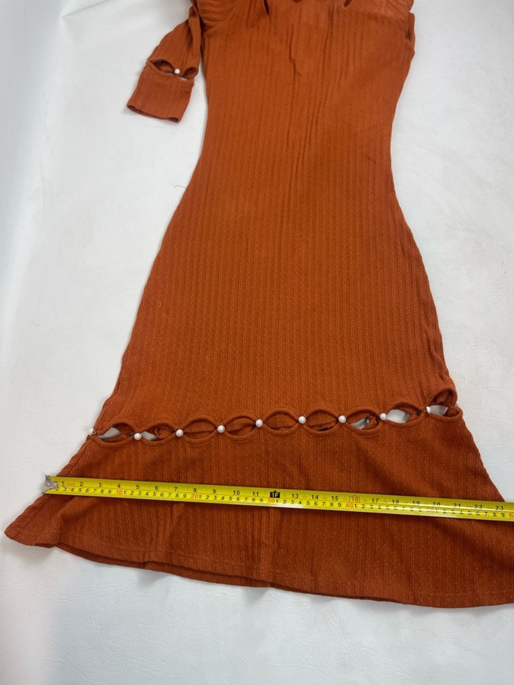 Petite Studio Ribbed Knit Midi Dress Rust Orange Pearl Detail Size Small - Picture 9 of 11